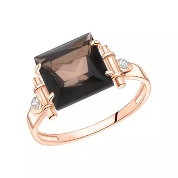 Золотое кольцо с фианитами и кварцами дымчатыми природными