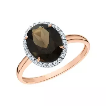 Золотое кольцо с фианитами и кварцем дымчатым природным