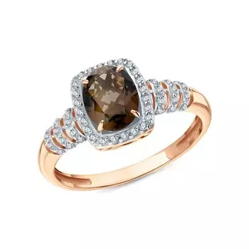 Золотое кольцо с фианитами и кварцем дымчатым природным