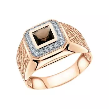 Золотое кольцо с фианитами и кварцем дымчатым