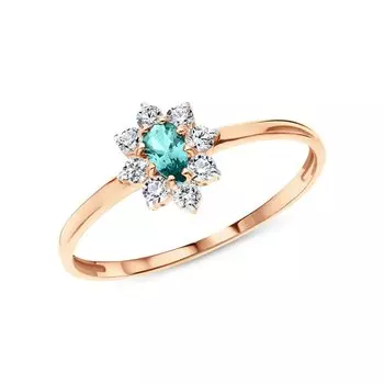 Золотое кольцо с фианитами и наноситаллом турмалин параиба