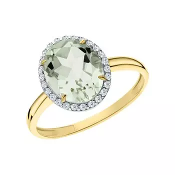 Золотое кольцо с фианитами и празиолитом природным