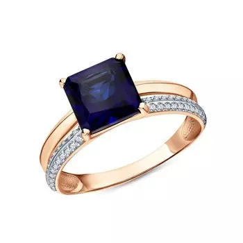 Золотое кольцо с фианитами и ситаллом сапфир