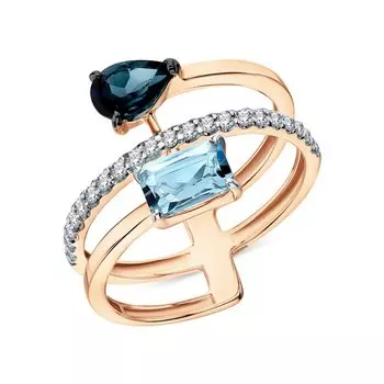 Золотое кольцо с фианитами и топазами природными