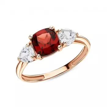 Золотое кольцо с гранатом и горным хрусталем