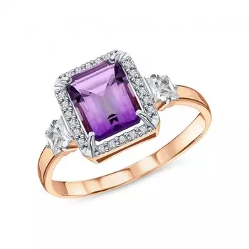 Золотое кольцо с природным аметистом и фианитами
