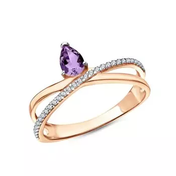 Золотое кольцо с природным аметистом и фианитами