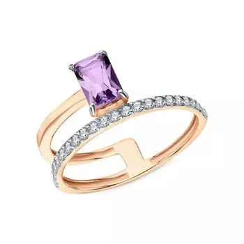 Золотое кольцо с природным аметистом и фианитами
