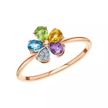 Золотое кольцо с природными цитринами, топазами, аметистами, хризолитами и бриллиантами