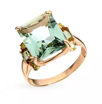 Золотое кольцо с султанитами, аметистом природным и хризолитами природными