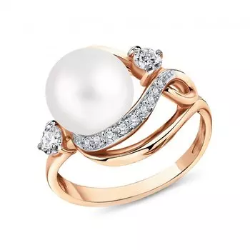 Золотое кольцо с жемчугом и фианитами