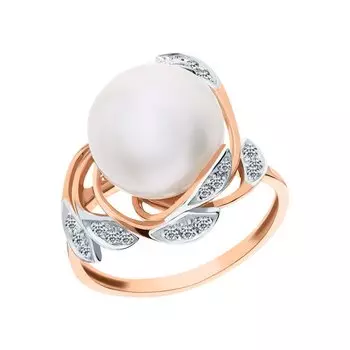 Золотое кольцо с жемчугом и фианитами