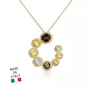 Золотое шейное украшение с цитринами природными, кварцем природным и празиолитом природным