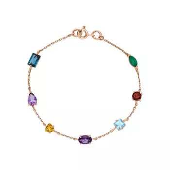 Золотой браслет с цитринами природными, гранатами природными, топазами природными, агатами зелёными и аметистами природными