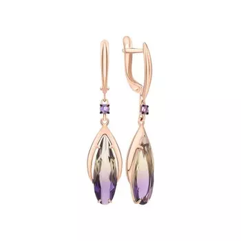 Золотые серьги с аметринами гитротермальными и аметистами природными