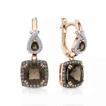 Золотые серьги с бриллиантами коньячными природными и кварцами дымчатыми природными
