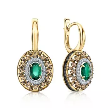 Золотые серьги с бриллиантами коньячными природными и изумрудами природными