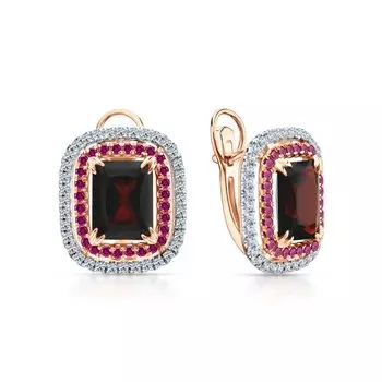 Золотые серьги с бриллиантами природными, гранатами природными и рубинами выращенными