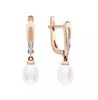 Золотые серьги с бриллиантами природными и жемчугами природными культивированными