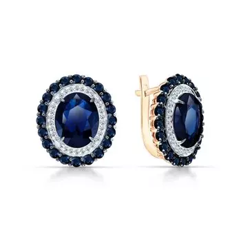 Золотые серьги с бриллиантами природными и сапфирами выращенными