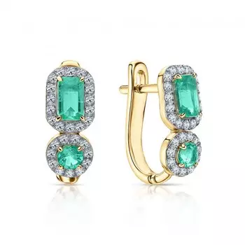 Золотые серьги с бриллиантами природными и изумрудами природными