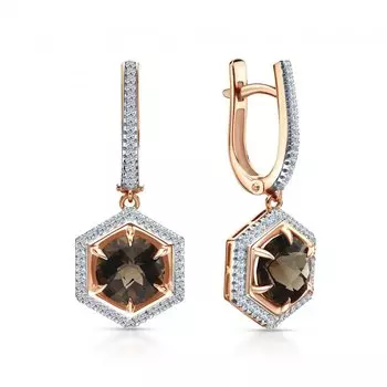 Золотые серьги с бриллиантами природными и кварцами дымчатыми природными