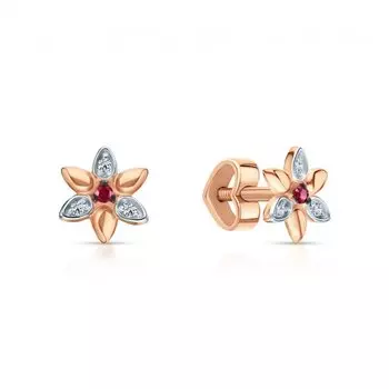 Золотые серьги с бриллиантами природными и рубинами природными