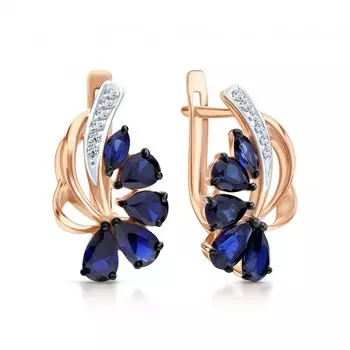 Золотые серьги с бриллиантами природными и сапфирами выращенными