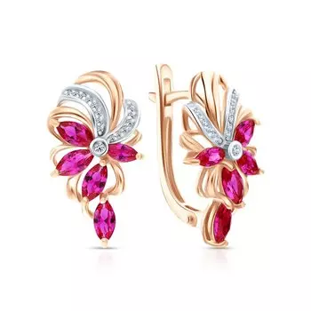 Золотые серьги с бриллиантами природными и рубинами выращенными