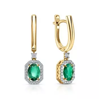 Золотые серьги с бриллиантами природными и изумрудами природными