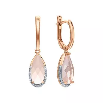 Золотые серьги с бриллиантами природными и кварцами розовыми