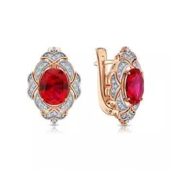 Золотые серьги с бриллиантами природными и рубинами выращенными