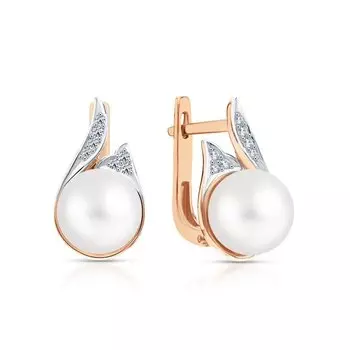 Золотые серьги с бриллиантами природными и жемчугами природными культивированными