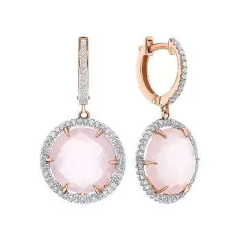 Золотые серьги с бриллиантами природными и кварцами розовыми