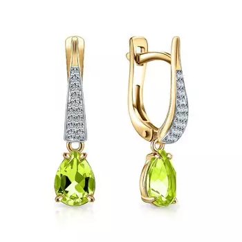 Золотые серьги с бриллиантами природными и хризолитами природными