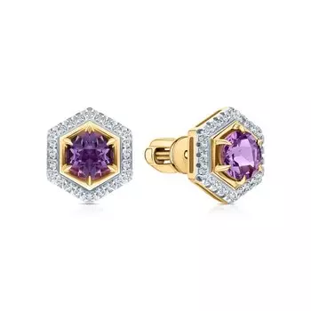 Золотые серьги с бриллиантами природными и аметистами природными