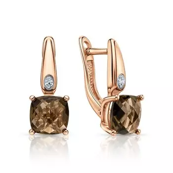 Золотые серьги с бриллиантами природными и кварцами дымчатыми природными