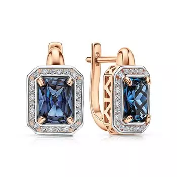 Золотые серьги с бриллиантами природными и александритом выращенным