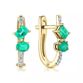 Золотые серьги с бриллиантами природными и изумрудами природными