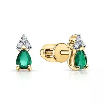 Золотые серьги с бриллиантами природными и изумрудами природными