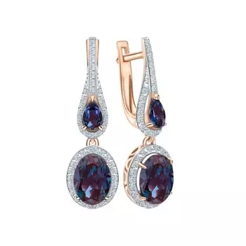 Золотые серьги с бриллиантами природными и александритом выращенным