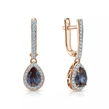 Золотые серьги с бриллиантами природными и александритом выращенным