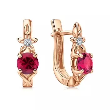 Золотые серьги с бриллиантами природными и рубинами выращенными