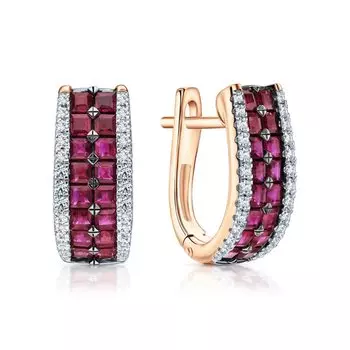 Золотые серьги с бриллиантами природными и рубинами природными