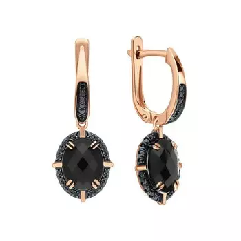 Золотые серьги с бриллиантами природными и ониксом природным