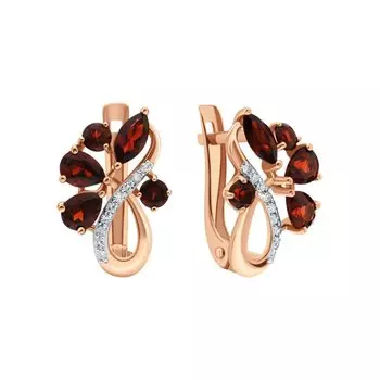 Золотые серьги с бриллиантами природными и гранатами природными