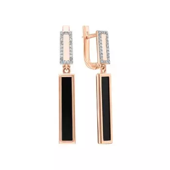 Золотые серьги с бриллиантами природными и ониксом природным