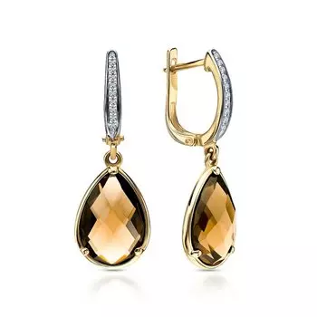 Золотые серьги с бриллиантами природными и кварцами дымчатыми природными