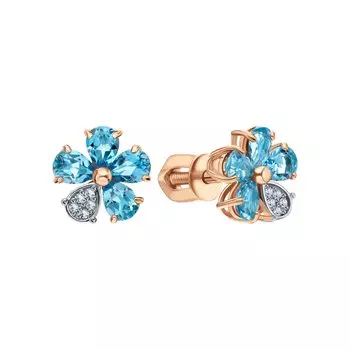 Золотые серьги с бриллиантами природными и топазами природными