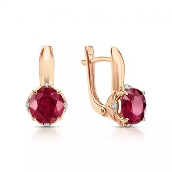 Золотые серьги с бриллиантами природными и рубинами выращенными